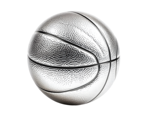 Silver basketball with unique texturing, showcases its sleek design and craftsmanship. Isolated on transparent or white background.