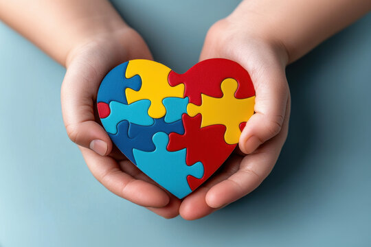 World autism awareness day concept. Little kid hands holding puzzle heart on light blue background