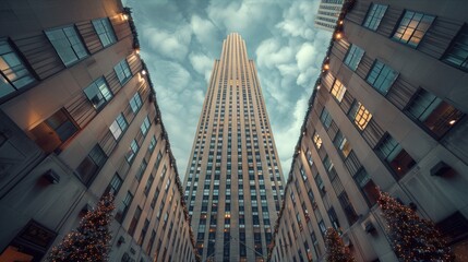 Fototapeta premium A towering skyscraper framed by surrounding buildings under a dramatic sky.