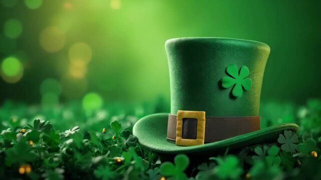 Green leprechaun hat with clover in magical spring meadow. Saint Patrick's Day celebration concept. Video