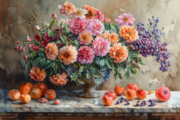 still life with a flower arrangement in the center.  