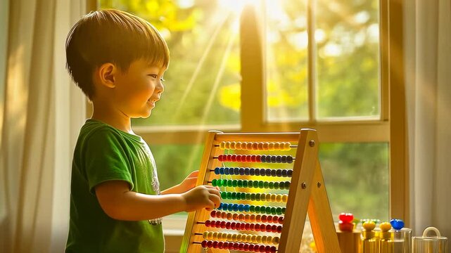 A cheerful young Asian boy, around four years old, engages with a vibrant abacus in a sunlit room. The warm glow enhances the playful atmosphere, capturing a moment of curiosity and learning.