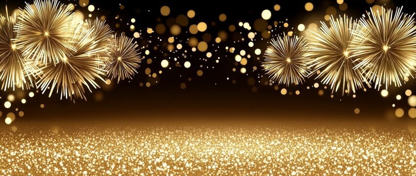 On New Year's Eve, fireworks explode in gold and dark blue hues, bathed in bokeh light. This vibrant scene is matched with an abstract holiday background featuring a copy space.