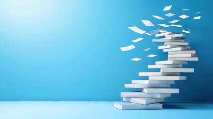 Lifelong learning visualized as ascending stacked books conceptual art bright blue background inspirational perspective