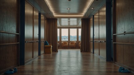 Fototapeta premium Serene corridor with wood paneling, plush seating, and a view. A tranquil and elegant space.