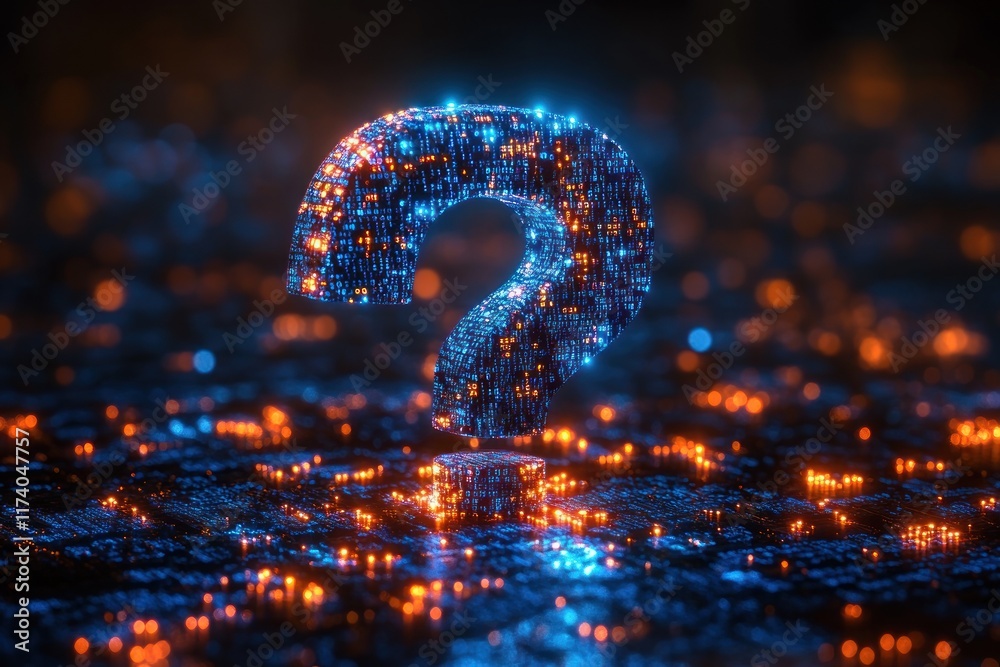 Fototapete futuristic glowing blue binary question mark digital art artificial intelligence coding technology information systems