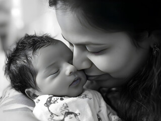 A newborn baby nuzzling its mother's nose, eyes closed.