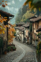 Obraz premium Stone street, autumnal village, nestled hills.