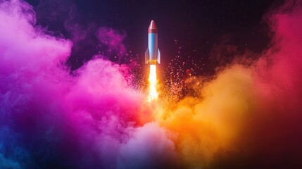 Rocket launching into vibrant nebula outer space digital art colorful environment dynamic viewpoint sci-fi concept