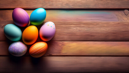 colorful easter eggs in neat on plank timber heritage with area