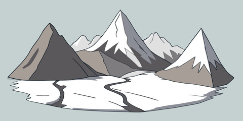 Flat graphic vector sketch of abstract snowy mountain landscape with part of mount range area contains foothills and snowcapped peaks. Simple cartoon design element for hiking tourism concept.
