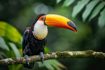 Obraz premium A vibrant toucan perches on a branch amidst lush green foliage, showcasing its stunning beak and colorful plumage.