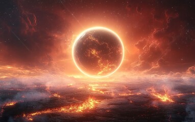Fototapeta premium Surreal Cosmic Landscape of Distant Planet with Glowing Lava and Dramatic Sunset in Space