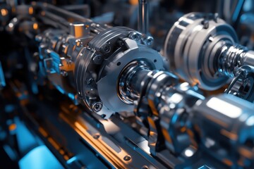 Fototapeta premium Detailed close-up of a complex mechanical assembly in a high-tech environment