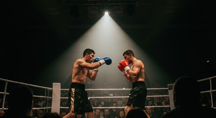 Two Boxers Facing Off in a Lit Boxing Ring