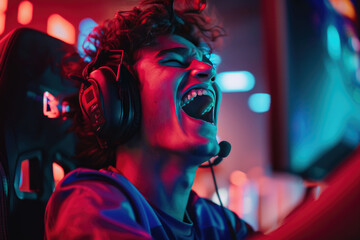 Naklejka premium Man wearing glowing headphones enjoying the electric atmosphere of a neon-lit club party