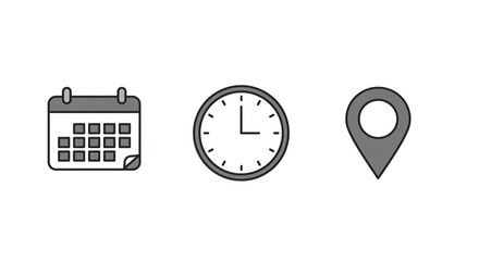 Minimalist Event Planning Icons - Date, Time, and Location Symbols in Clean Style.