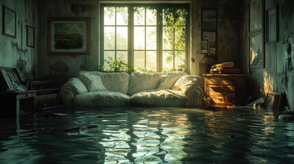 Flooded living room with water damage requires urgent repair restoration services for emergency cleanup and renovation
