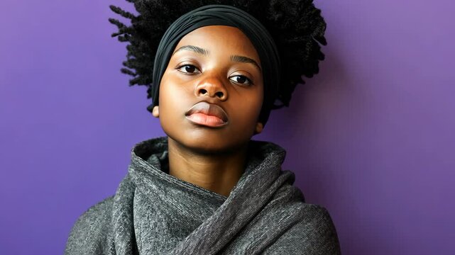 Young woman poses confidently against a vibrant purple background, showcasing natural beauty and self-expression