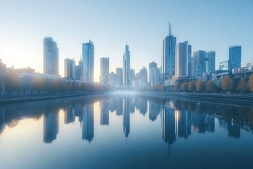 Fototapeta premium City skyline reflects in calm river during early morning light over the horizon