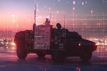 High-tech military vehicle at sunset with futuristic digital overlay in an urban environment