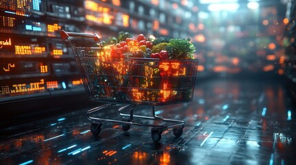 Futuristic Shopping Cart with Colorful Groceries and Dynamic Data Visualization for E-commerce Analytics