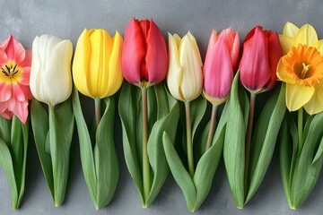 Obraz premium A lovely bouquet of spring blooms on a pastel-colored table top, making a perfect International Women's Day greeting card. Displayed in a flat lay style.