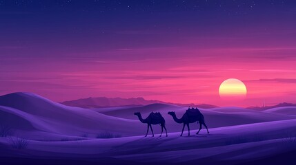 Fototapeta premium Silhouetted Dromedary Camels Traverse Desert Sand Dunes at Vibrant, Purple Sunset With Setting Sun