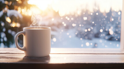 A close-up of a steaming coffee mug resting on a textured wooden surface, with a backdrop of a snow-covered winter scene visible through a large frosted window, evoking feelings of