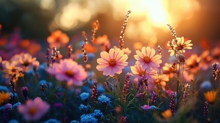 Vibrant Wildflower Meadow at Sunset with Beautiful Flowers and Warm Light
