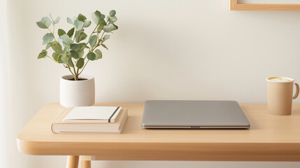 A minimalist study setup featuring neatly placed school books, a laptop, and a notebook on a clean desk. The scene is complemented by a potted plant and a cup of coffee, adding a m