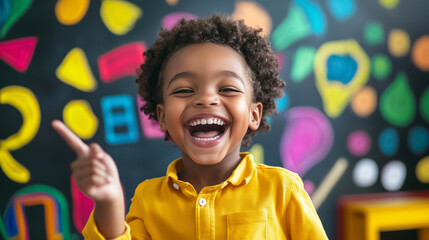 A happy child with a big smile, pointing excitedly to a blackboard filled with vibrant doodles, shapes, and playful learning activities in a classroom setting. Explore heartwarming