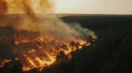 Obraz premium Wildfire Effects on Forest Near Village at Midday