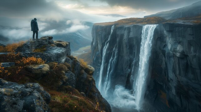 Breathtaking waterfall in a remote landscape, shrouded in mist, with a solitary figure admiring nature's wonder.