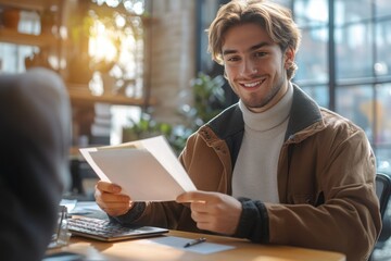 Cheerful Young Man Receiving Financial Reward in Office Happy Employee Getting Bonus Envelope from Boss
