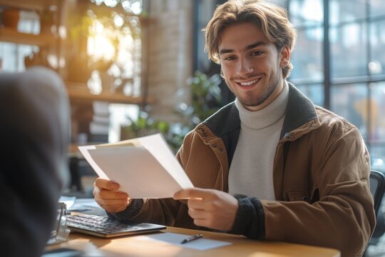 Cheerful Young Man Receiving Financial Reward in Office Happy Employee Getting Bonus Envelope from Boss