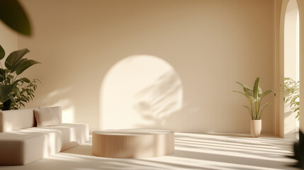 A contemporary beige living room interior bathed in soft geometric sunlight and shadows, featuring minimalistic furniture and natural decor elements. The empty wall serves as a bla