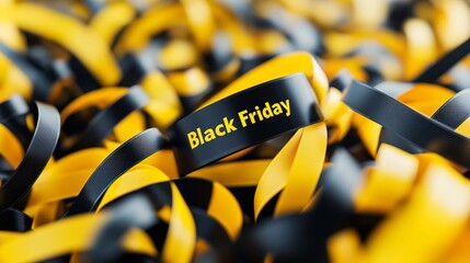 Black Friday Sale Concept, Close-Up of Tangled Yellow and Black Ribbons with Bold Text, 3D Render.