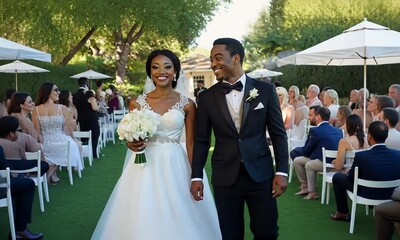 African-American bride and groom walking down the wedding ceremony aisle after getting married, slow motion