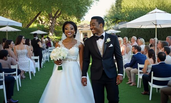 African-American bride and groom walking down the wedding ceremony aisle after getting married, slow motion