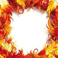 design for children. on a white background, white in the middle. Empty in the middle.  On the sides, on the edges, feathers from a bird. The colors are bright red, yellow, and orange.