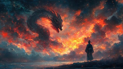 Mystical Samurai Facing Swirling Dragon in Vast Sky
