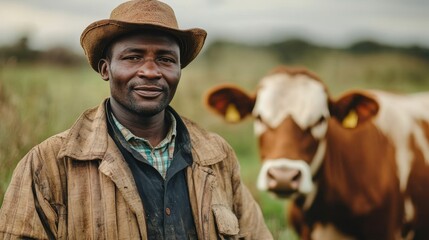 Fototapeta premium Portrait of a Confident African Farmer in Hat Standing in Front of His Cow on a Farm.