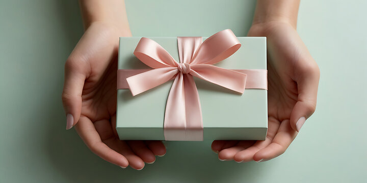 woman holding a gift box, hand with a goft box and pink ribbon, present for celebration