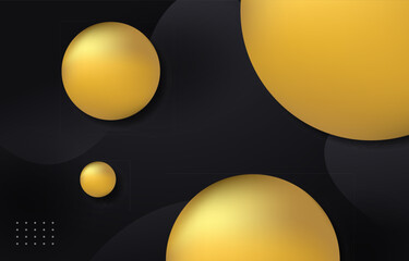 Futuristic 3d metal golden ball vector fluid liquid black background, geometric yellow gold gradient neon circle shape light shadow smooth texture, web page banner, poster card print design template