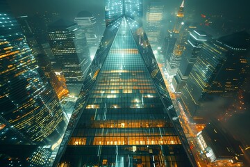 Stunning aerial view of a modern skyscraper illuminated at night with a vibrant city skyline in the background.