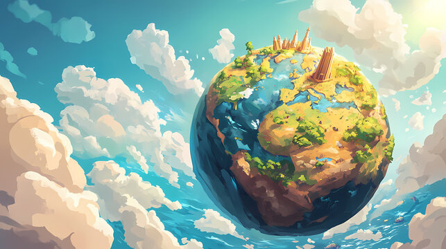 Terre an ia, globe terrestre avec pays et monument, appel au voyage. Earthbound. Illustration