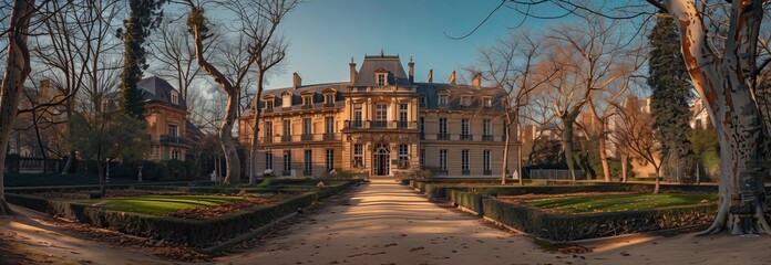Stunning exterior view of a historic mansion surrounded by beautifully landscaped gardens and tall trees.
