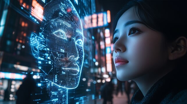 Young Woman Gazing at Interactive Hologram, AI Facial Recognition Technology in Futuristic Cityscape