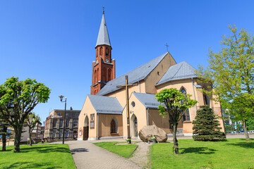 Europe, Poland, Zlocieniec (Falkenburg in German). Church of the Assumption of the Blessed Mary. Steeple, body of church, and apse.